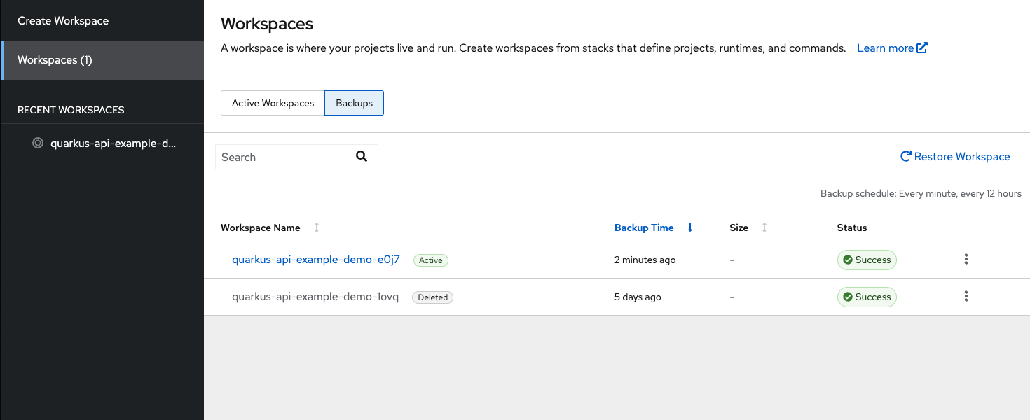 The Backups tab in the Workspace view of the dashboard